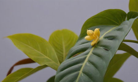 Yellow flower on a green leaf, close-up, selective focus