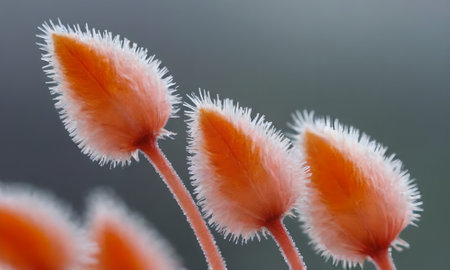 Frosted orange flowers in winter, close up, macro.