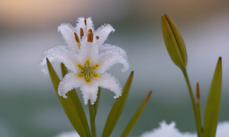 White lily flower in the snow on a background of green grassの写真素材