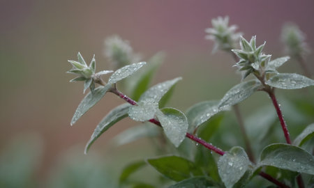 Water droplets on the leaves of a mint plant in the gardenの写真素材