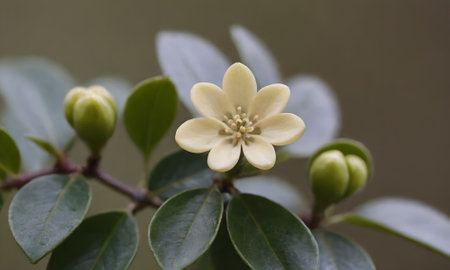 Close up of a small yellow flower on a green leaf background.
