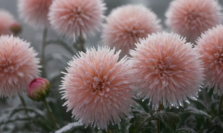Close up of pink dahlia flowers covered with hoarfrostの写真素材