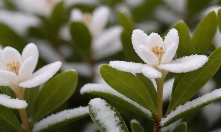 Snow on the leaves of a bush in winter. Close-up.の写真素材