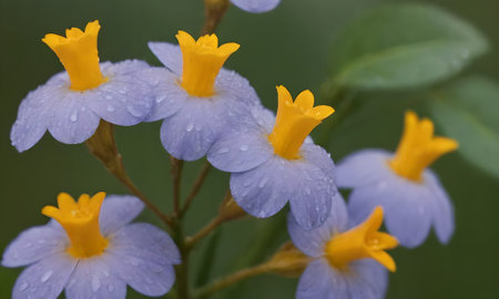 Close up of yellow and purple primroses with water droplets