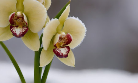 Close up of white orchid flower in the snow with copy spaceの写真素材