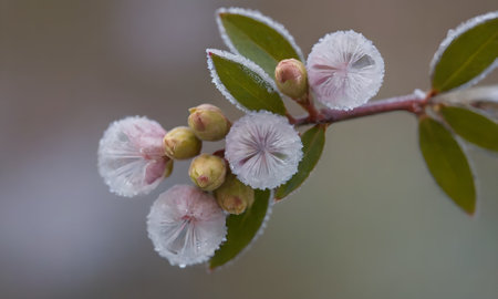 Cherry blossom with ice crystals on its branches in early spring