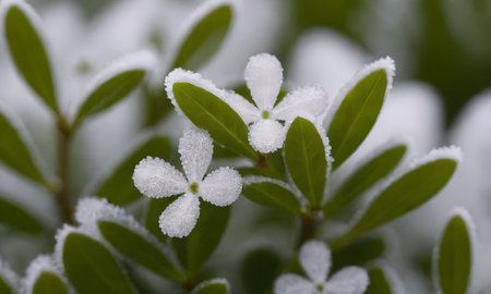 Close up of a green plant covered with white hoarfrost.の写真素材