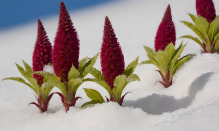 Celosia argentea flowers in the snow in winter