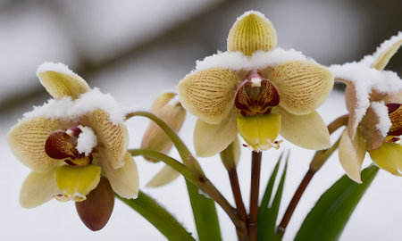 Orchids in the snow. Macro photography of orchids.の写真素材