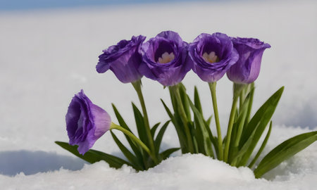 purple crocus flowers in the snow on a sunny spring dayの写真素材