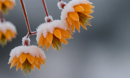 Close up of yellow flowers covered with snow in winter. Shallow depth of field