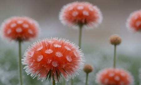 Close-up of red flowers covered with hoarfrost in winter