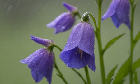 Campanula bellflowers on a meadow in the rainの写真素材