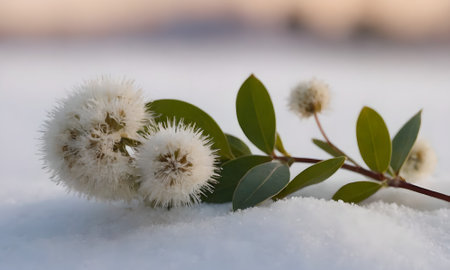 White dandelion flowers on the snow in the early spring.