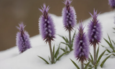 Purple flowers in the snow, close-up on a blurred background