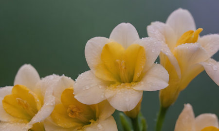 Close up of yellow freesia with water droplets on petalsの写真素材