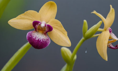 Yellow orchid on a dark background. Close-up. Studio photography.の写真素材