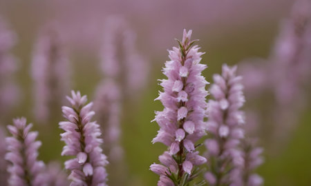 Close up of pink heather flowers in bloom in a field.の写真素材