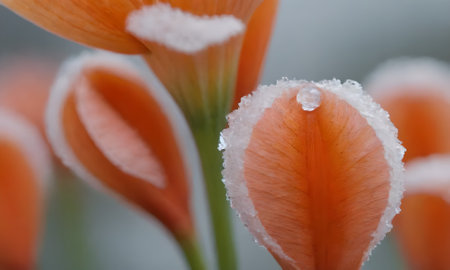 Close up of orange freesia flowers under the first snow.の写真素材