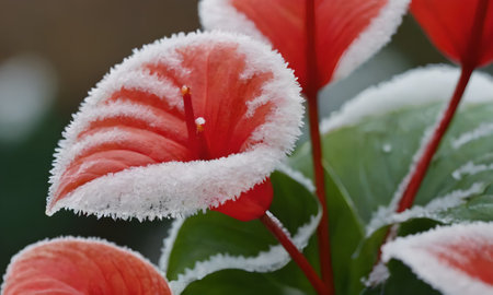 Frozen red anthurium flower with white snow in winter.