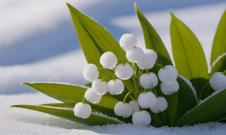 Lily of the valley in snow. Beautiful spring lily of the valley.の写真素材