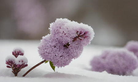 Purple lilac flowers covered with snow in a park in winterの写真素材