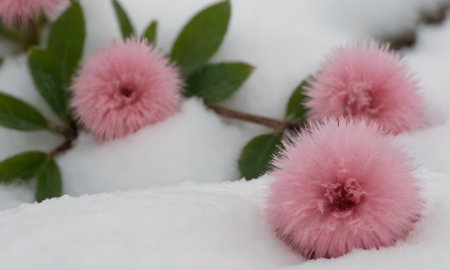 Pink flowers in the snow. Macro shot. Selective focus.