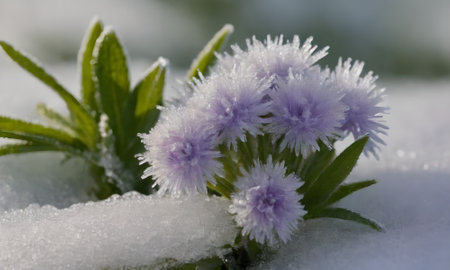 Close-up of a small purple flower in the snow on a sunny day