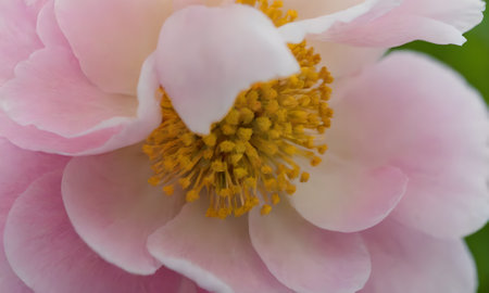 Close up of a pink peony flower in bloom with yellow pollen.の写真素材