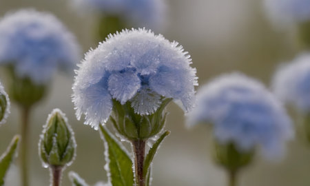 Close-up of blue flowers covered with hoarfrost on blurred backgroundの写真素材