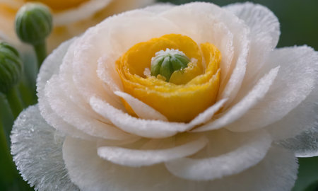 Closeup of a white and yellow flower with water droplets.の写真素材