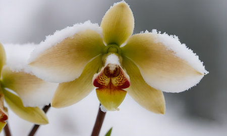 Beautiful yellow orchid flowers in the snow. Close up.の写真素材