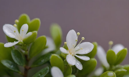 Small white flowers on a green bush. Shallow depth of field.