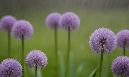 Purple Allium flowers on a green background in the rain.の写真素材