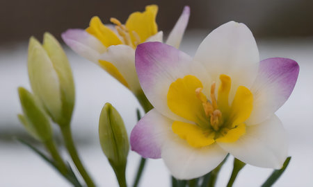 White and yellow crocuses in the snow on a cold dayの写真素材