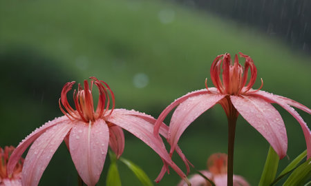 Beautiful pink lily flower in the garden with rain drops.
