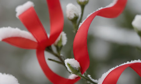 Red ribbons in the snow, close-up. Snowy winterの写真素材