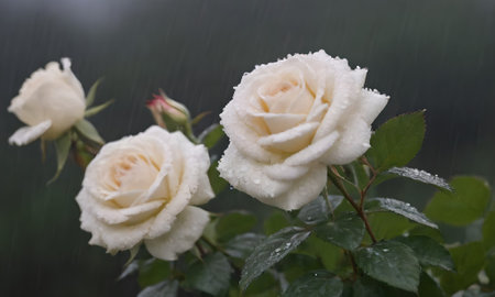 White roses in the rain on a rainy day. Shallow DOF.の写真素材