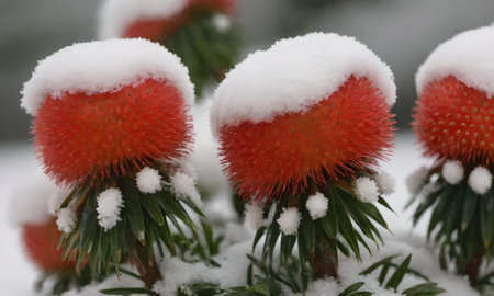 Close-up of thistle flowers covered with snow in winter.