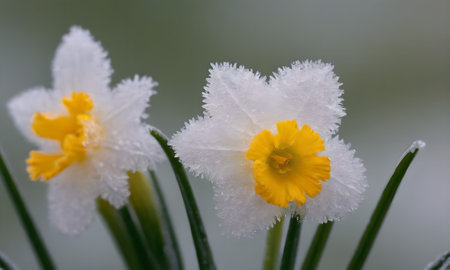 Close up of daffodils covered with white snowflakesの写真素材