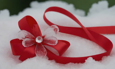 Red ribbon in the snow with a heart-shaped flower on itの写真素材