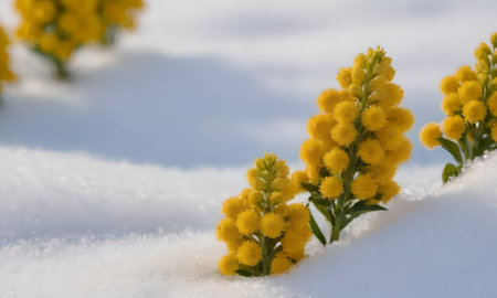 Yellow flowers in the snow. Shallow depth of field.の写真素材