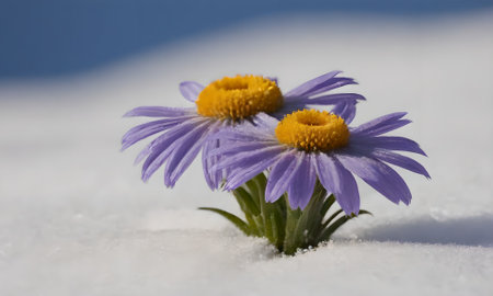 Purple daisies in the snow. Selective focus.の写真素材