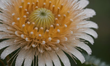 Close up of a yellow and white flower with water droplets.の写真素材
