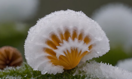 Mushroom on the grass covered with snow. Close-upの写真素材