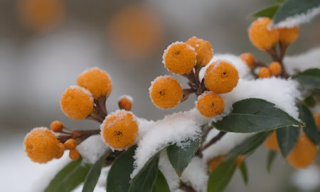 Snow-covered orange flowers on a branch of a bush in winterの写真素材