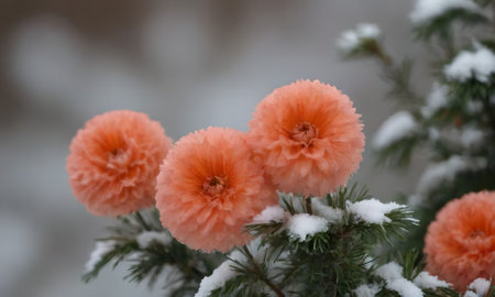Beautiful orange flowers in the snow on a spruce branch.の写真素材