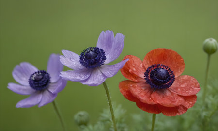 Poppy and anemone flowers on a green background with water drops