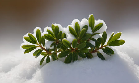 Green leaves on a snowy background. Selective focus.の写真素材