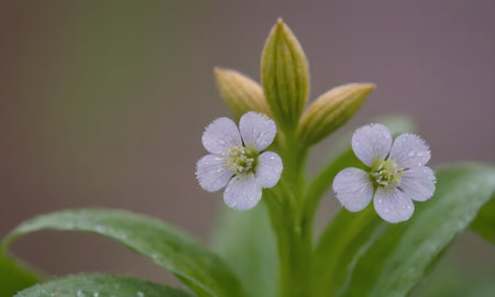 Close up of small white flower on green background. Shallow depth of field